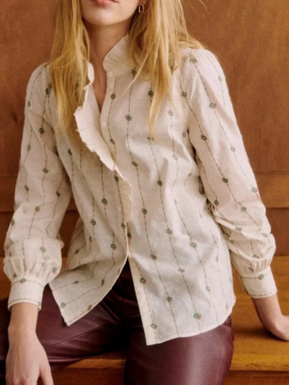 SEZANE Chlo Floral Embroidered Ruffle Button Down Shirt Top 36 USA 4 NWT